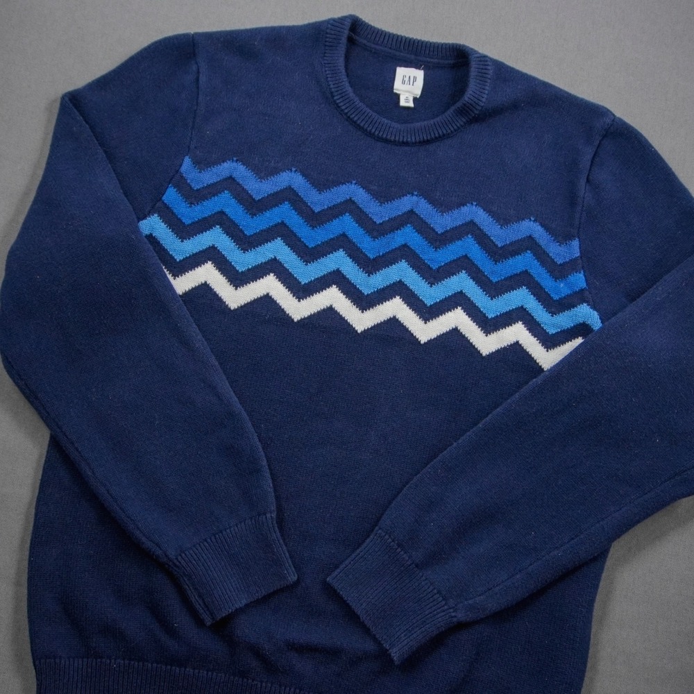 Y2K GAP Women XL Tall Knit Navy Blue Cotton Sweater Chevron Zig Zag College